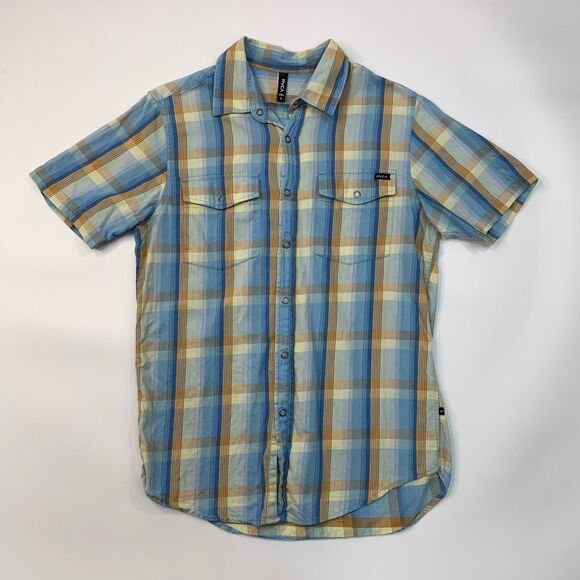 RVCA Shirt Mens S Small Blue Cotton Plaid Snap Button Western Chest Pockets - Picture 2 of 10